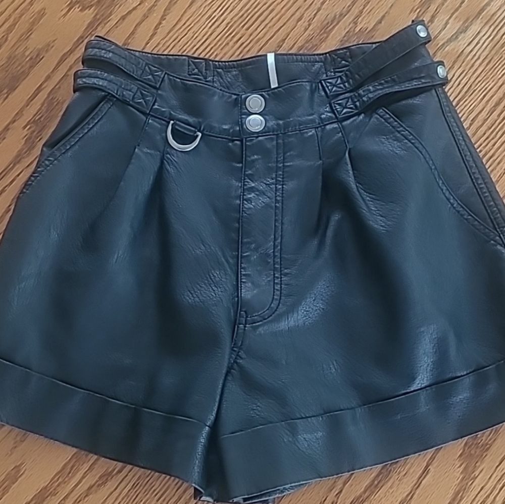 Free People Black Faux Leather High Waisted Shorts 2